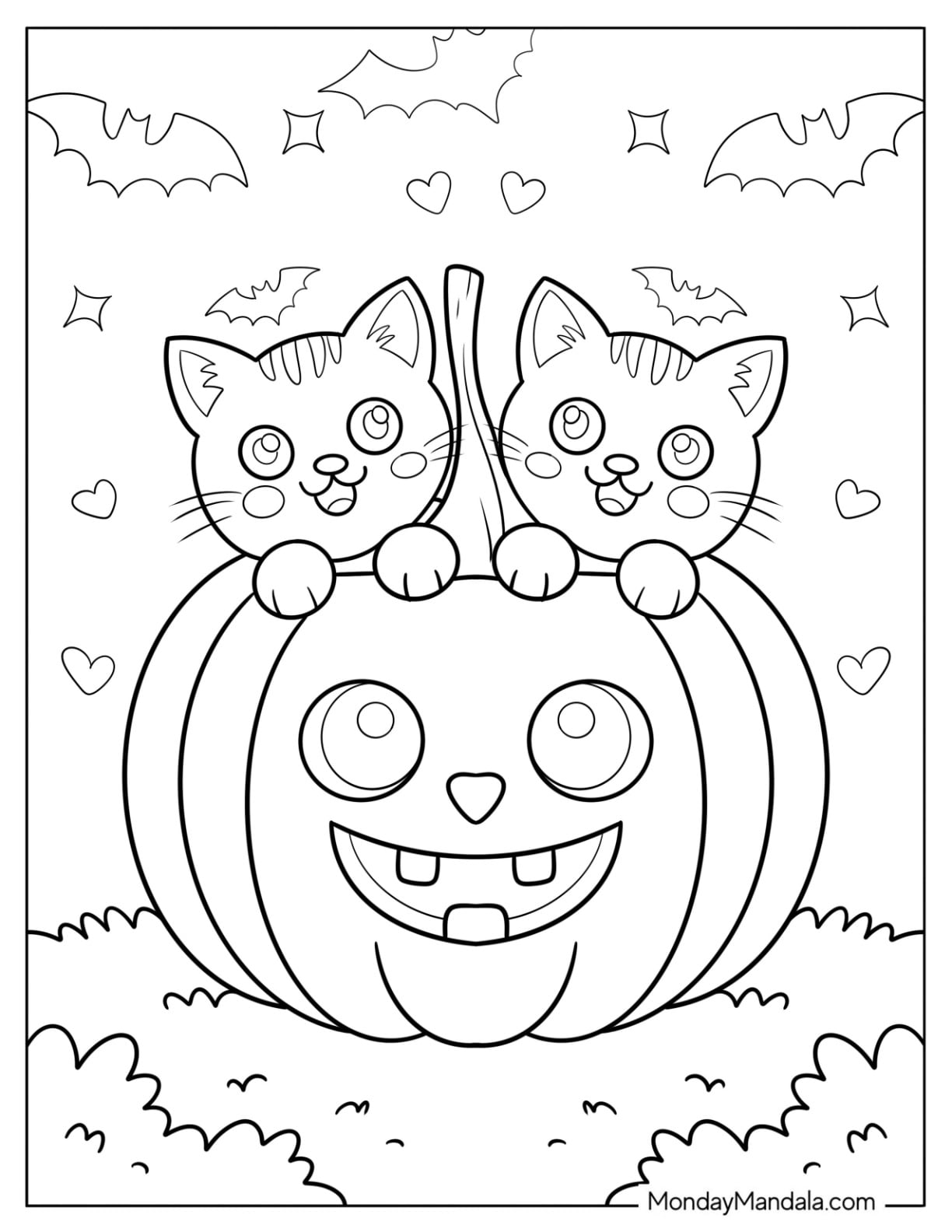 Two Halloween Cat Coloring Page Hiding Behind a Smiling Jack o Lantern for Preschoolers