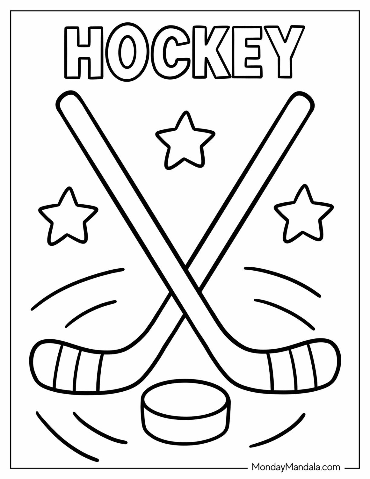 NHL & Hockey Coloring Page of Two Ice Hockey Sticks Crossed with Puck in the Middle for Kids