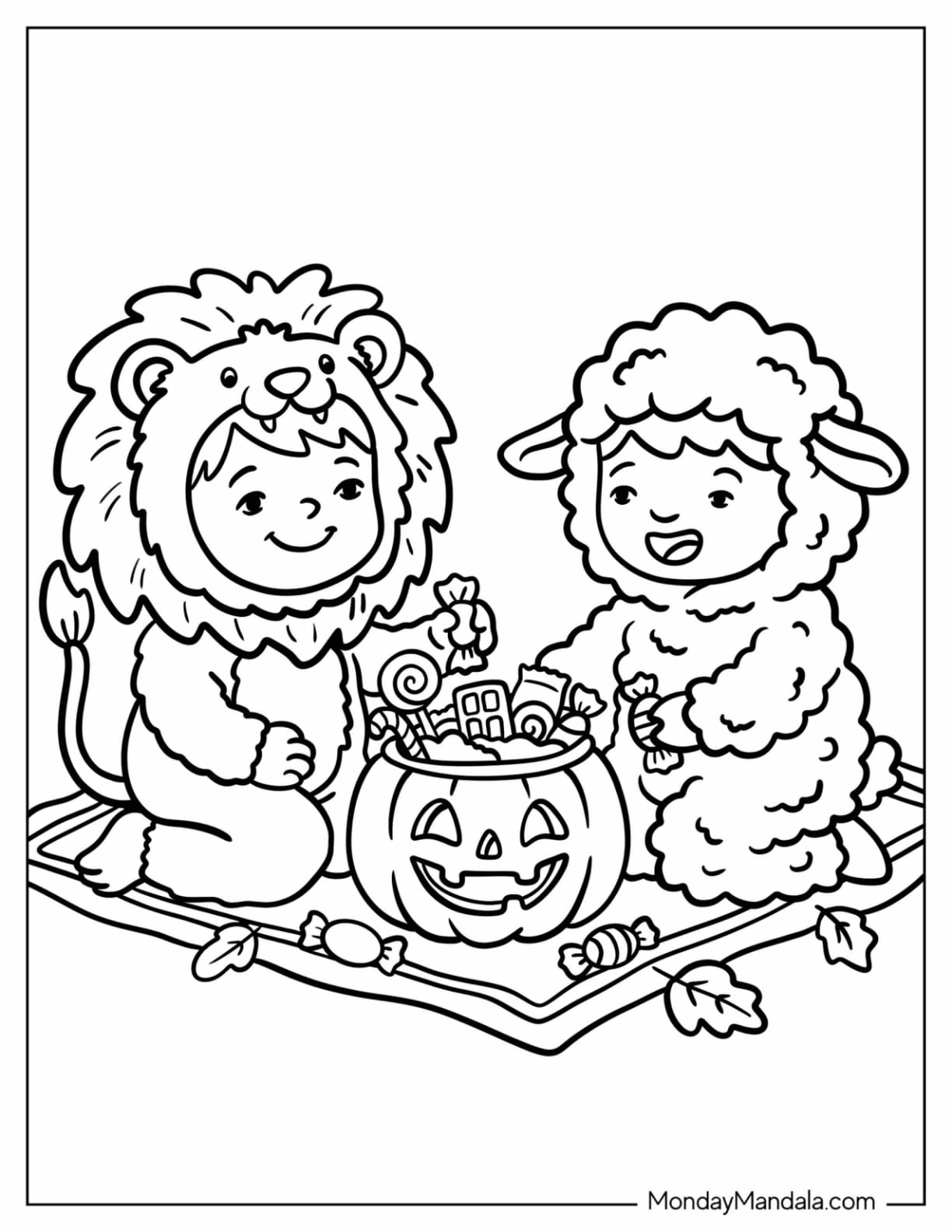 Two Kids Eating Trick or Treat Candies on Christian Halloween Coloring Page