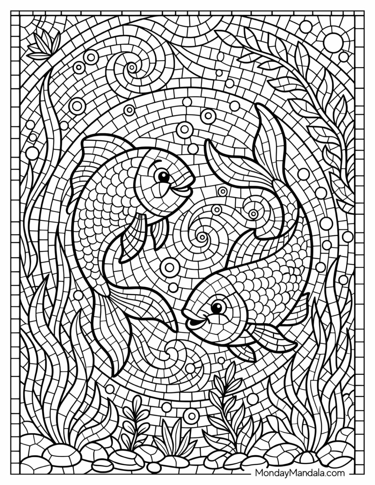 Two Koi Fish Swimming Among Aquatic Plants Mosaic Coloring Sheet