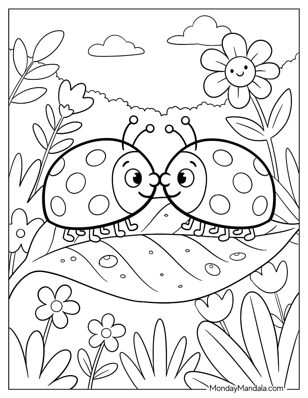 Two Ladybugs Kissing on a Leaf in a Flower Garden Coloring Page