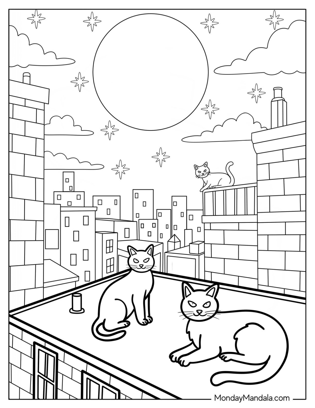 Two Mischievous Cats On the Rooftop with Full Moon Coloring Page in the Sky