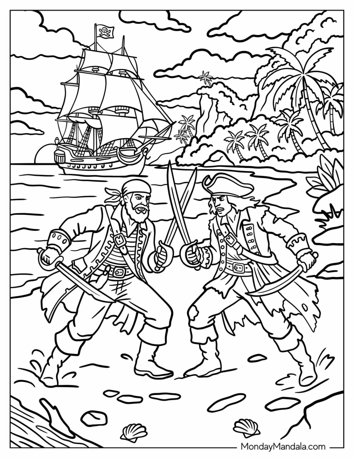 Two Pirates Sword Fighting on a Tropical Island Coloring Page