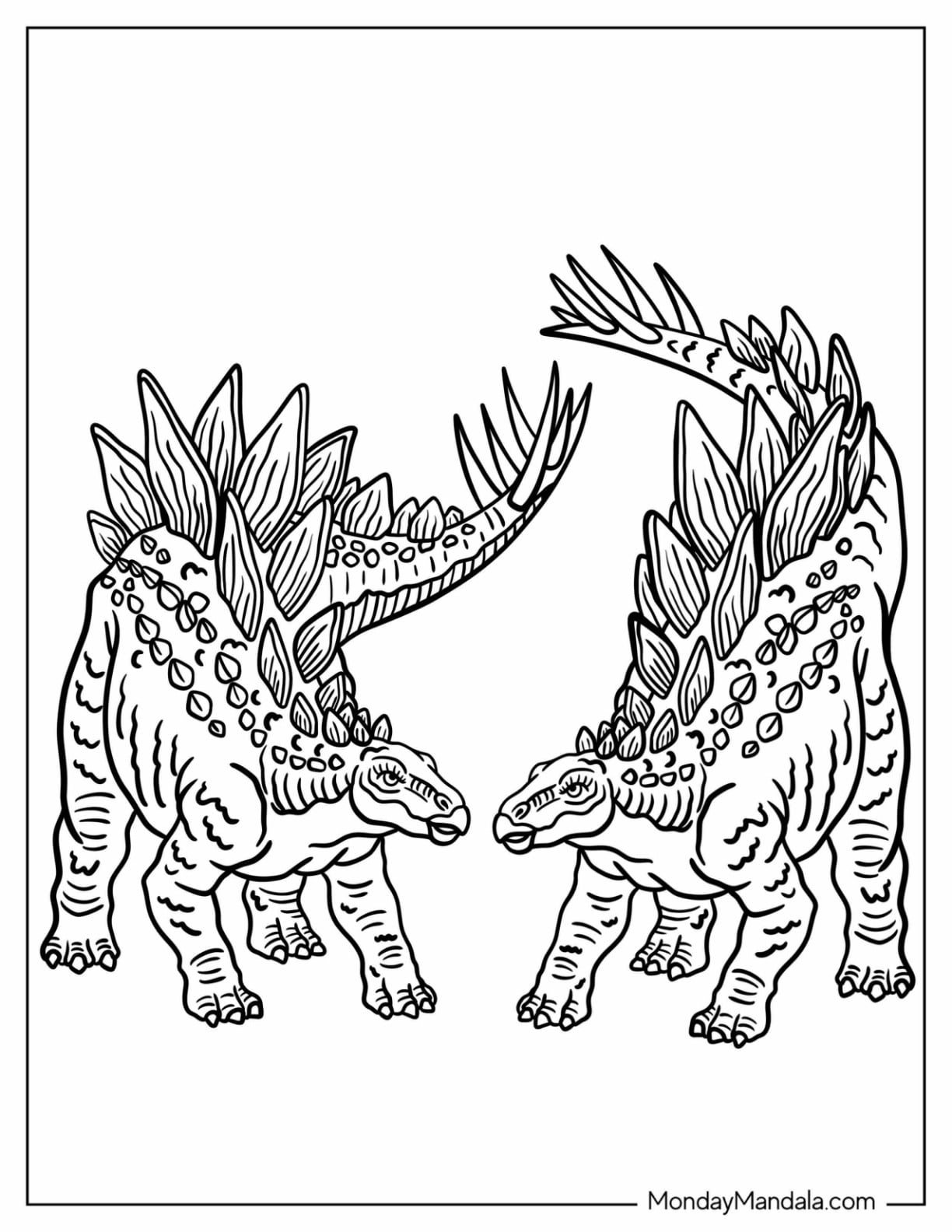 Two Realistic Stegosauruses Facing Each Other Coloring Page