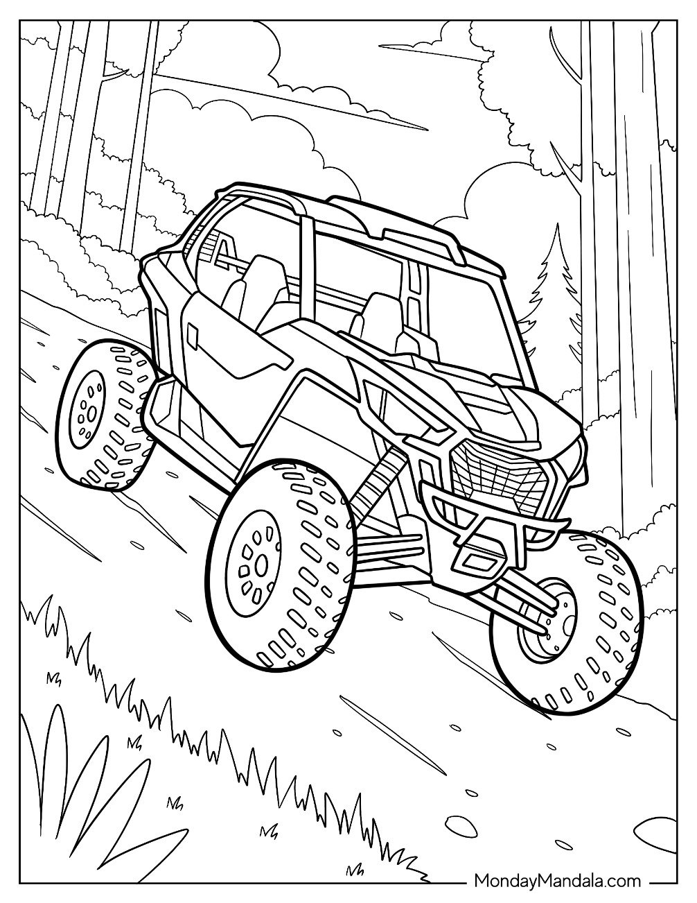 Two Seater Sport UTV Coloring Page Tackling a Steep Forest Trail
