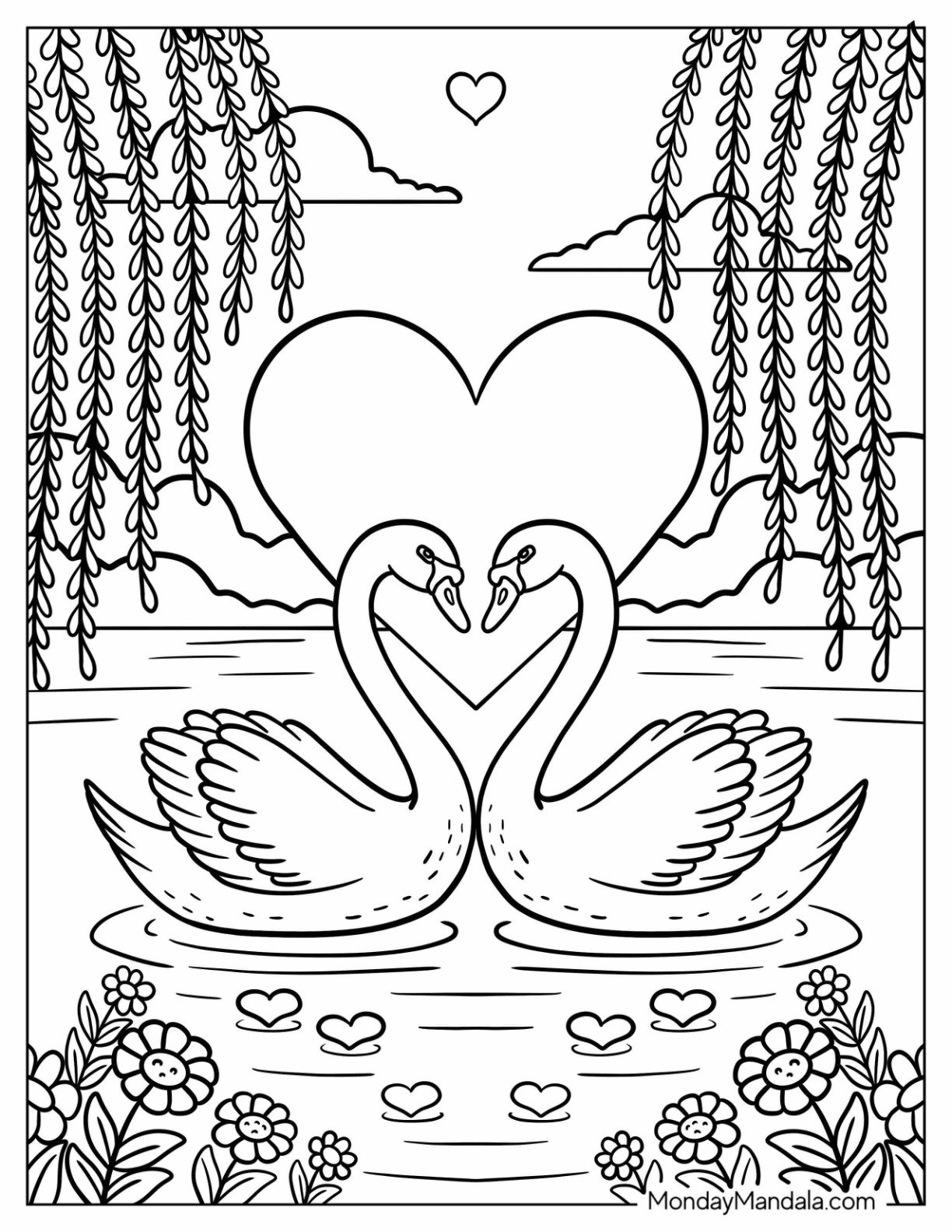 Two Swan Coloring Page Forming a Heart in the Water