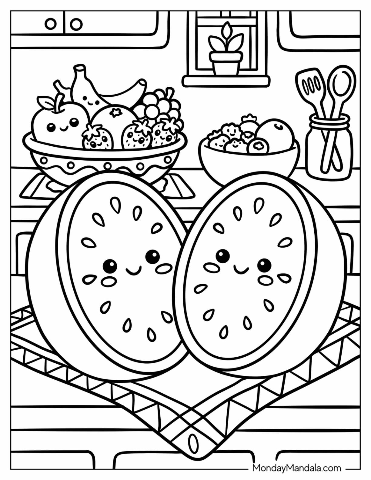 Two Watermelon Halves on a Kitchen Counter Coloring Page for Kids