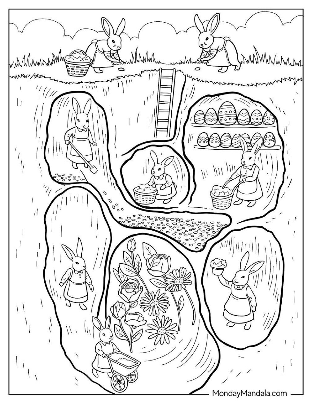Easter For Adults Coloring Page of Underground Easter Rabbit Village