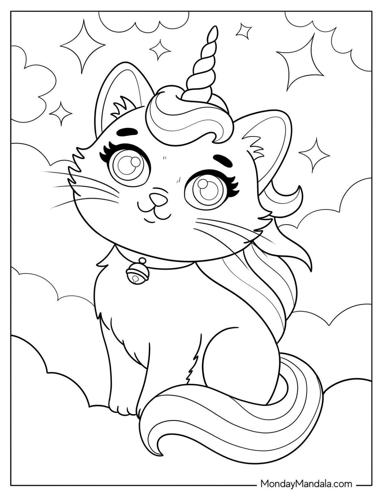 Unicorn Cat Coloring Page Sitting on Fluffy Clouds with Sparkling Stars
