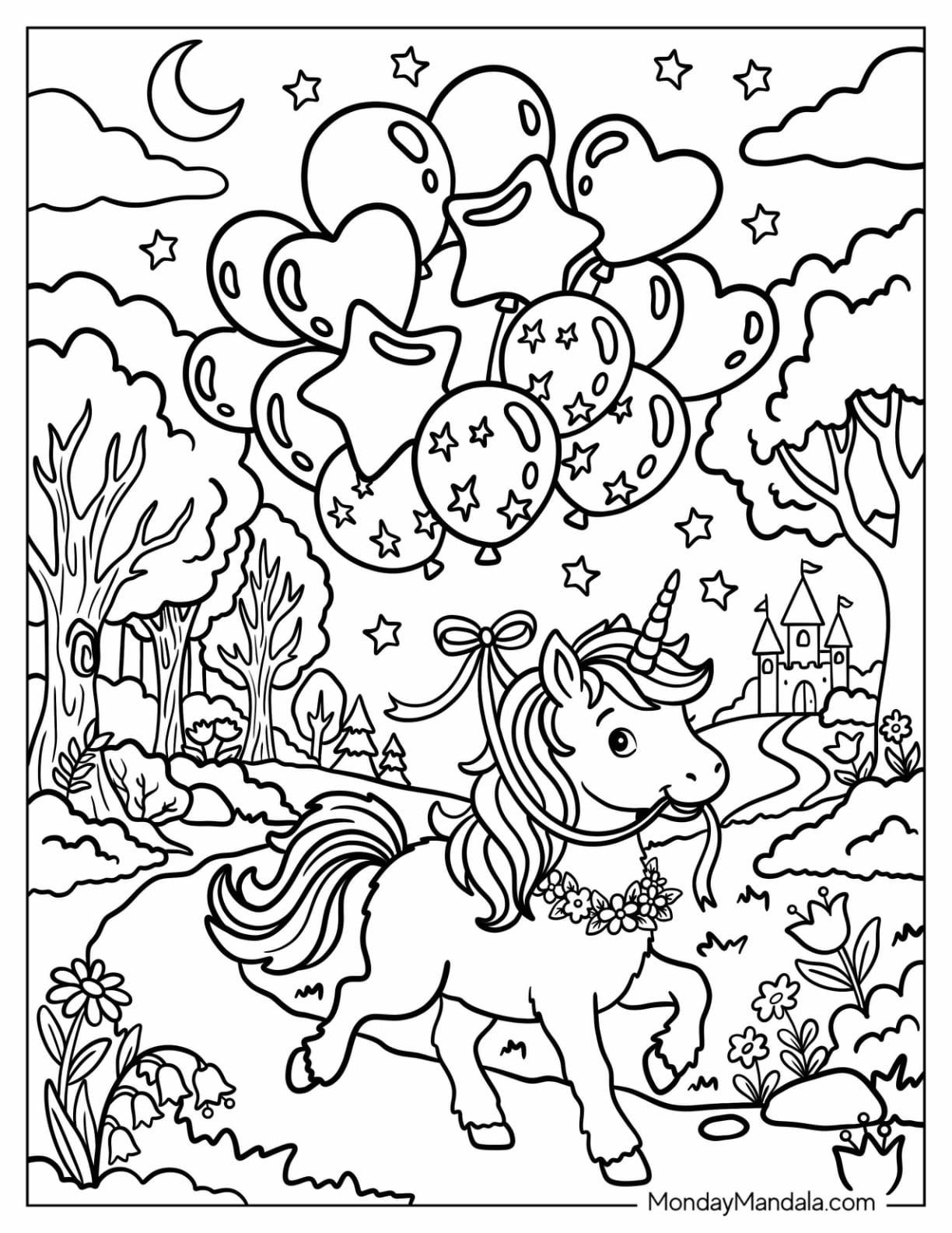 Unicorn Walking Through a Forest with Heart Balloons