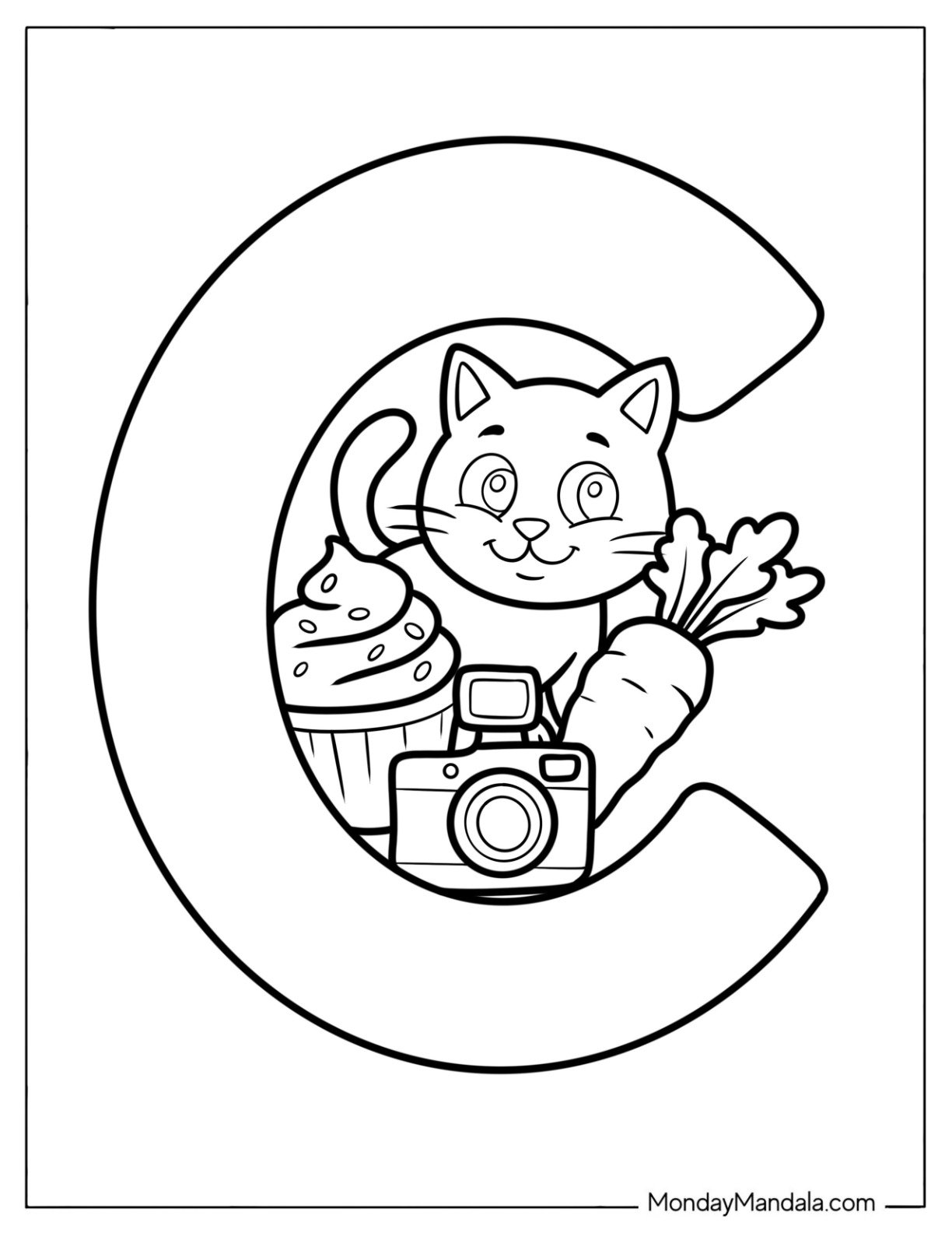 Uppercase Letter C Coloring Page for Cat, Carrot, Cupcake, and Camera