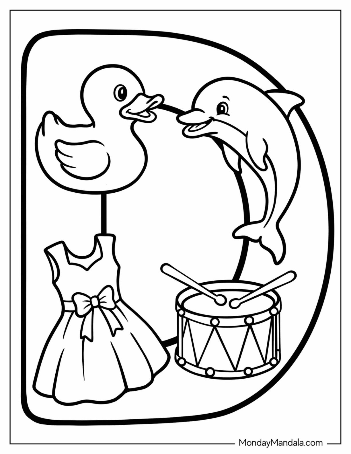 Uppercase Letter D Coloring Page with Dress, Duck, Dolphin, and Drum for Kids