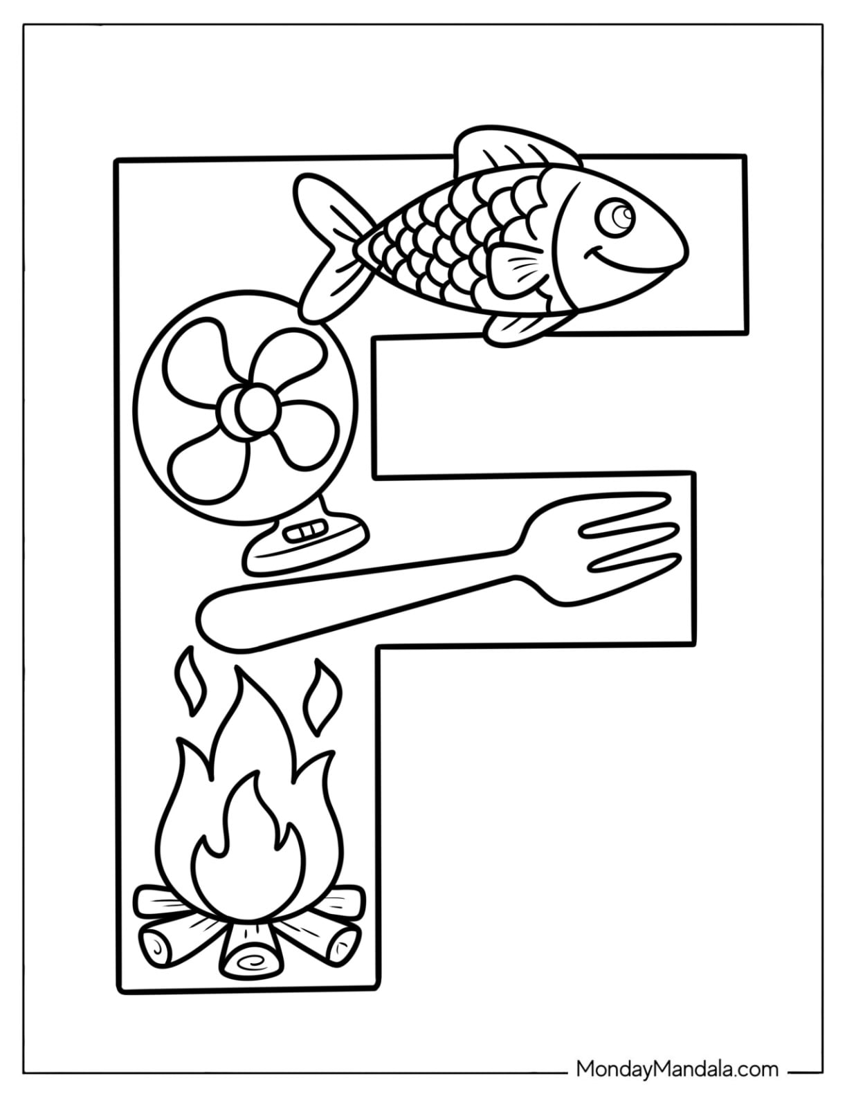 Uppercase Letter F Coloring Page for Fish, Fan, and Fire