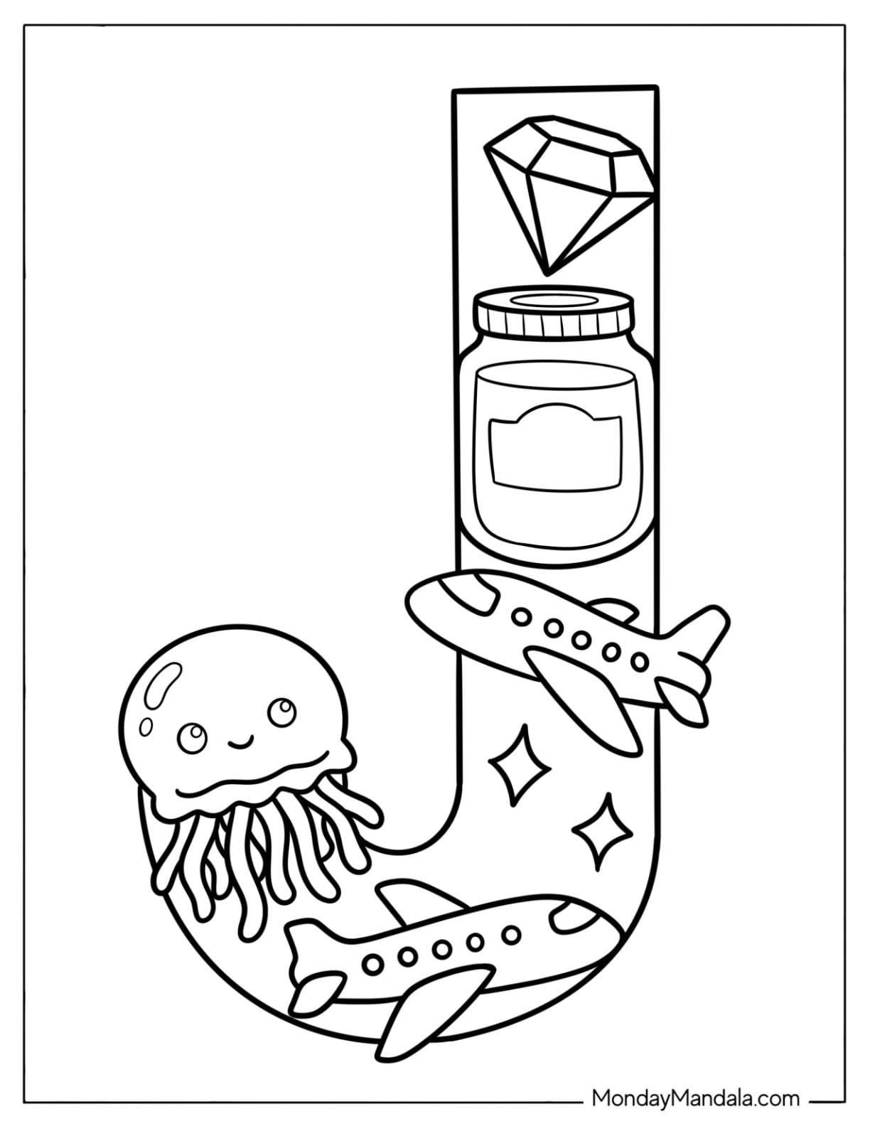Uppercase Letter J Coloring Page with Jewel, Jam, Jet, and Jellyfish