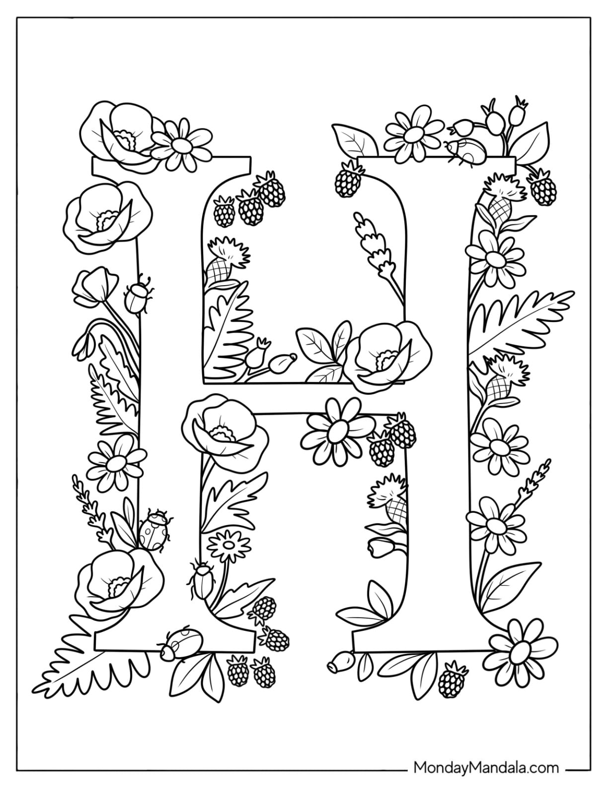 Uppercase Serif Letter H Coloring Page Covered in Flowers