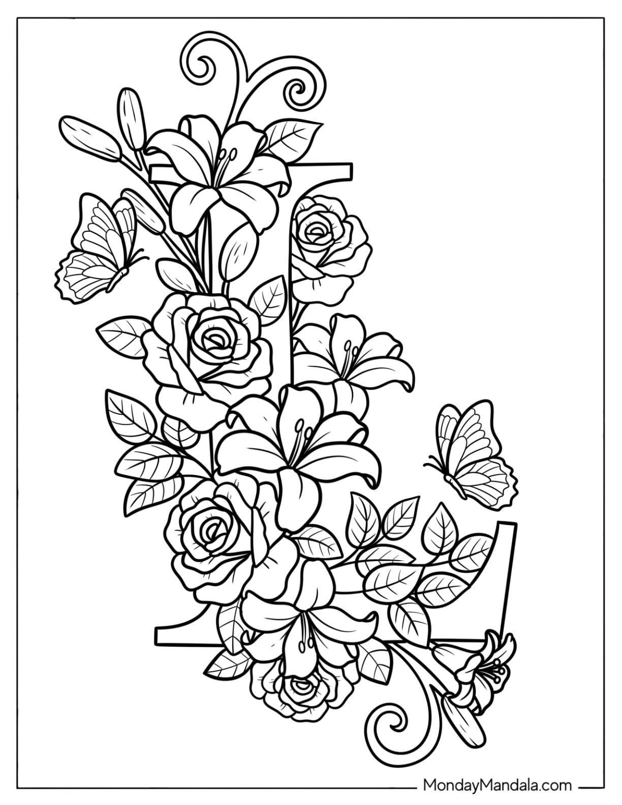 Uppercase Serif Letter L Coloring Page Covered in Flowers