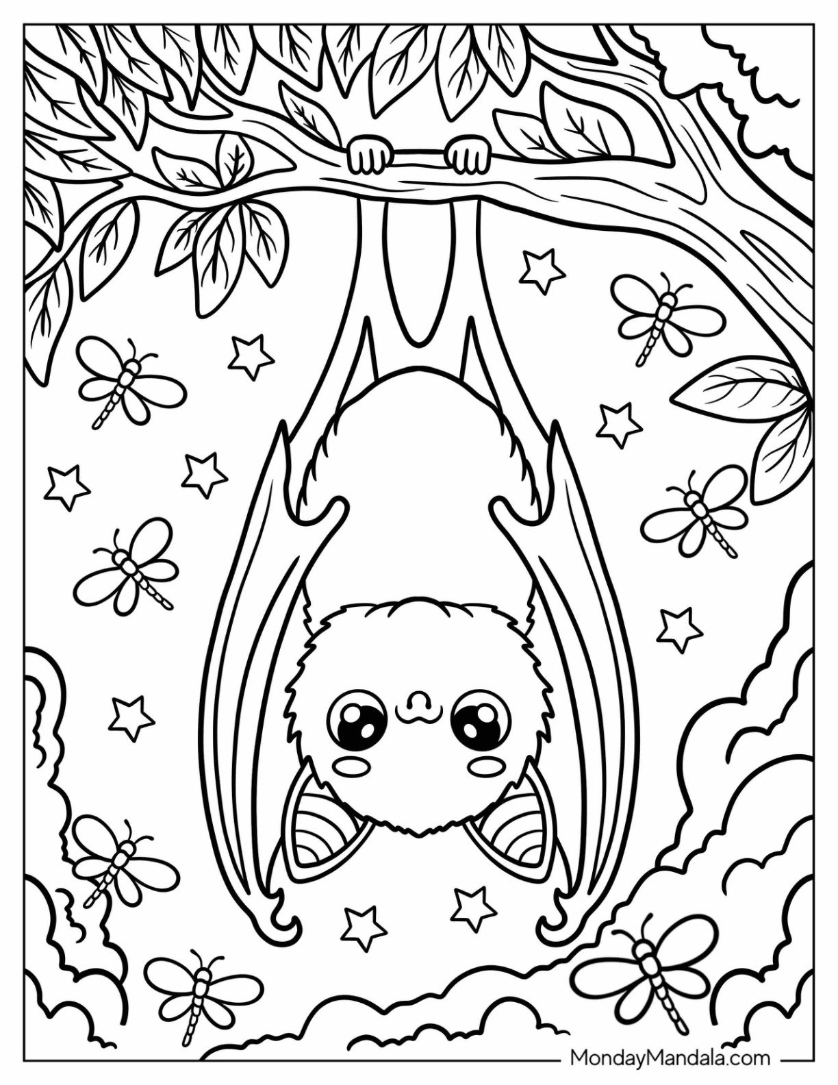 Upside Down Bat Coloring Page on a Tree with Stars and Dragonfly for Kids