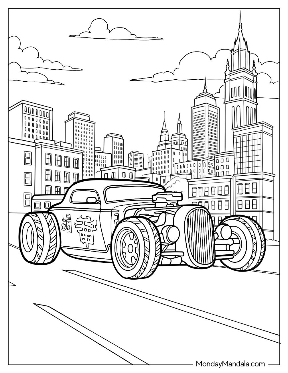 Urban Hot Rod Coloring Page Coupe with Exposed Engine Driving Through City Streets