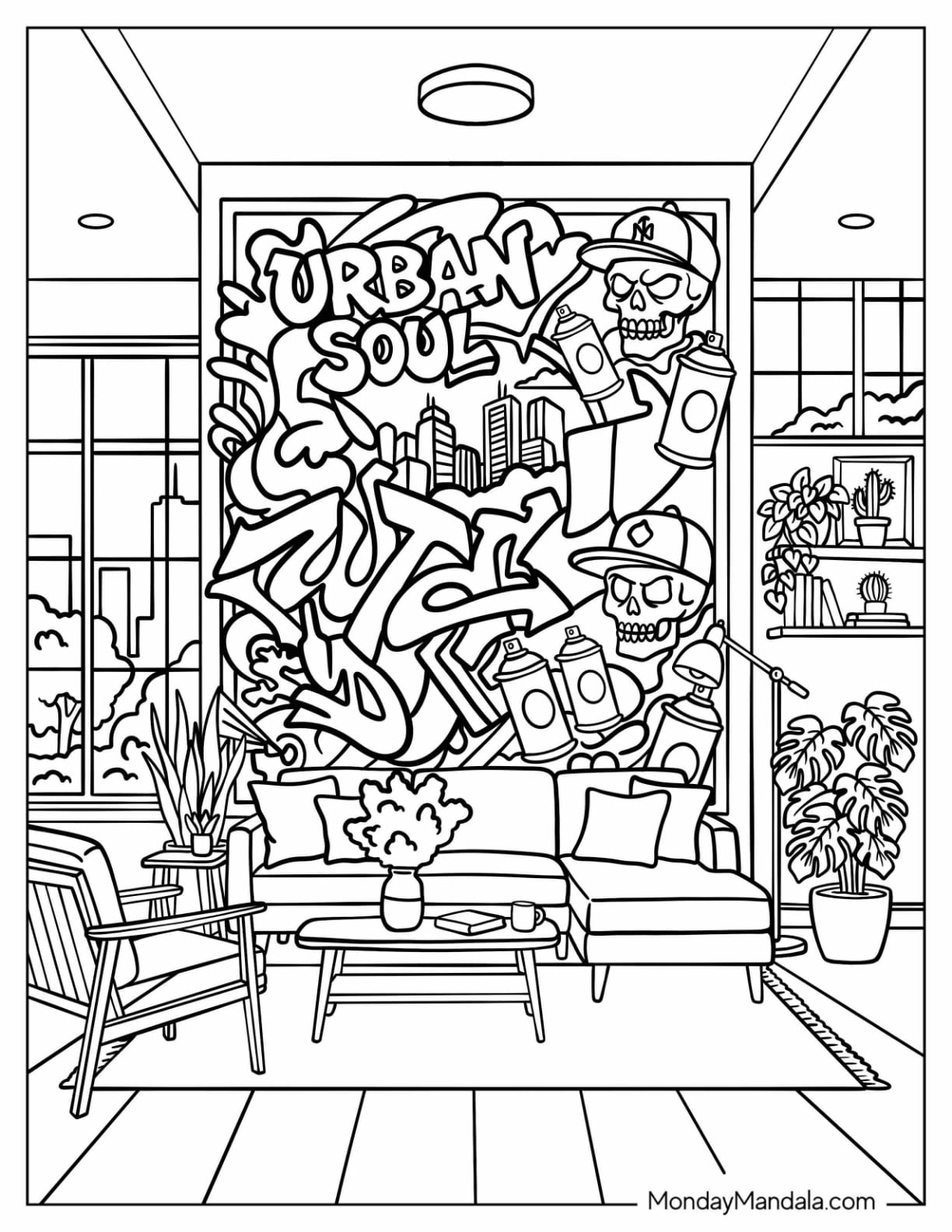 Urban Soul Graffiti Mural with Graffiti Artist and City Skyline Coloring Sheet