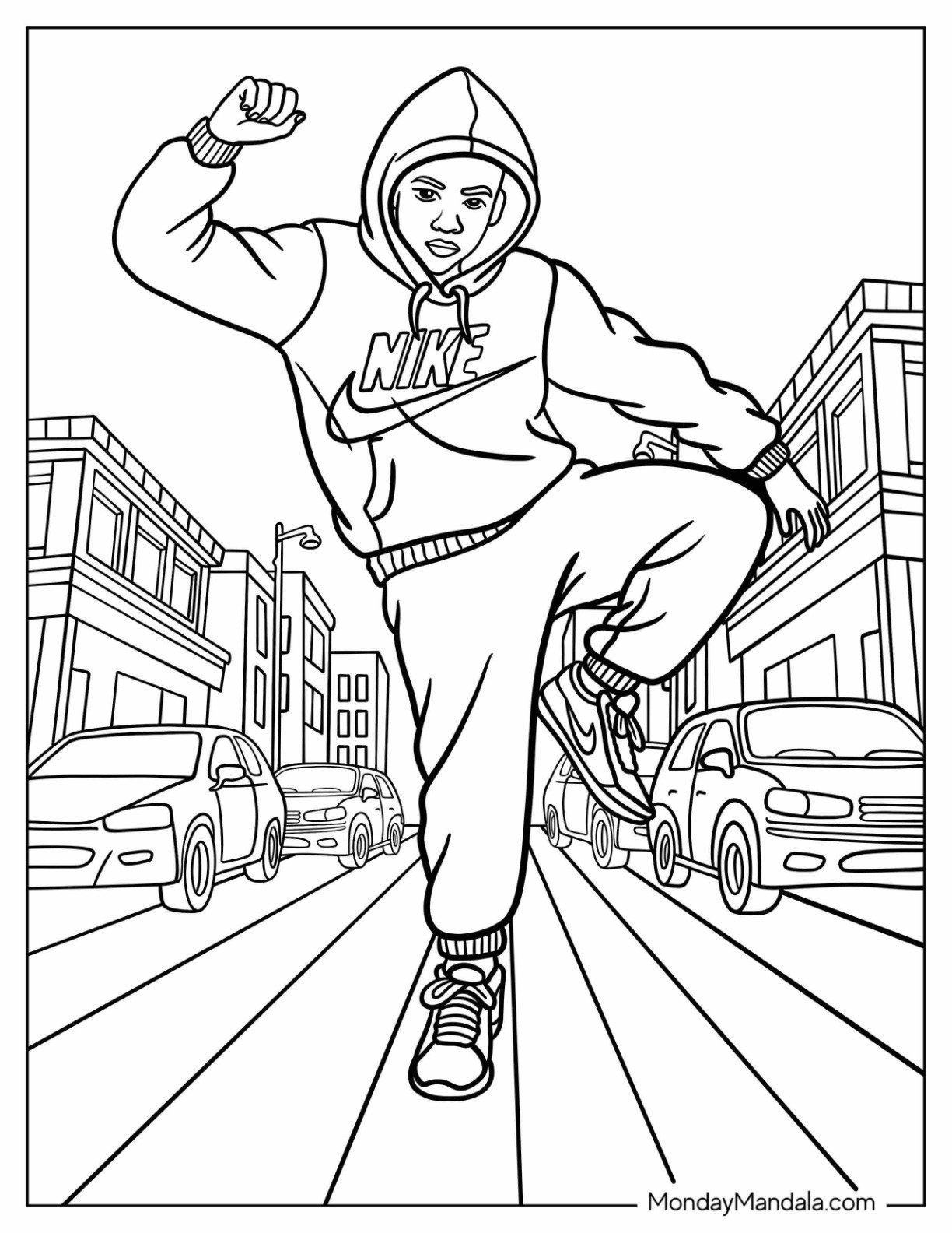 Urban Street Dancer in Nike Coloring Page Hoodie and Sneakers