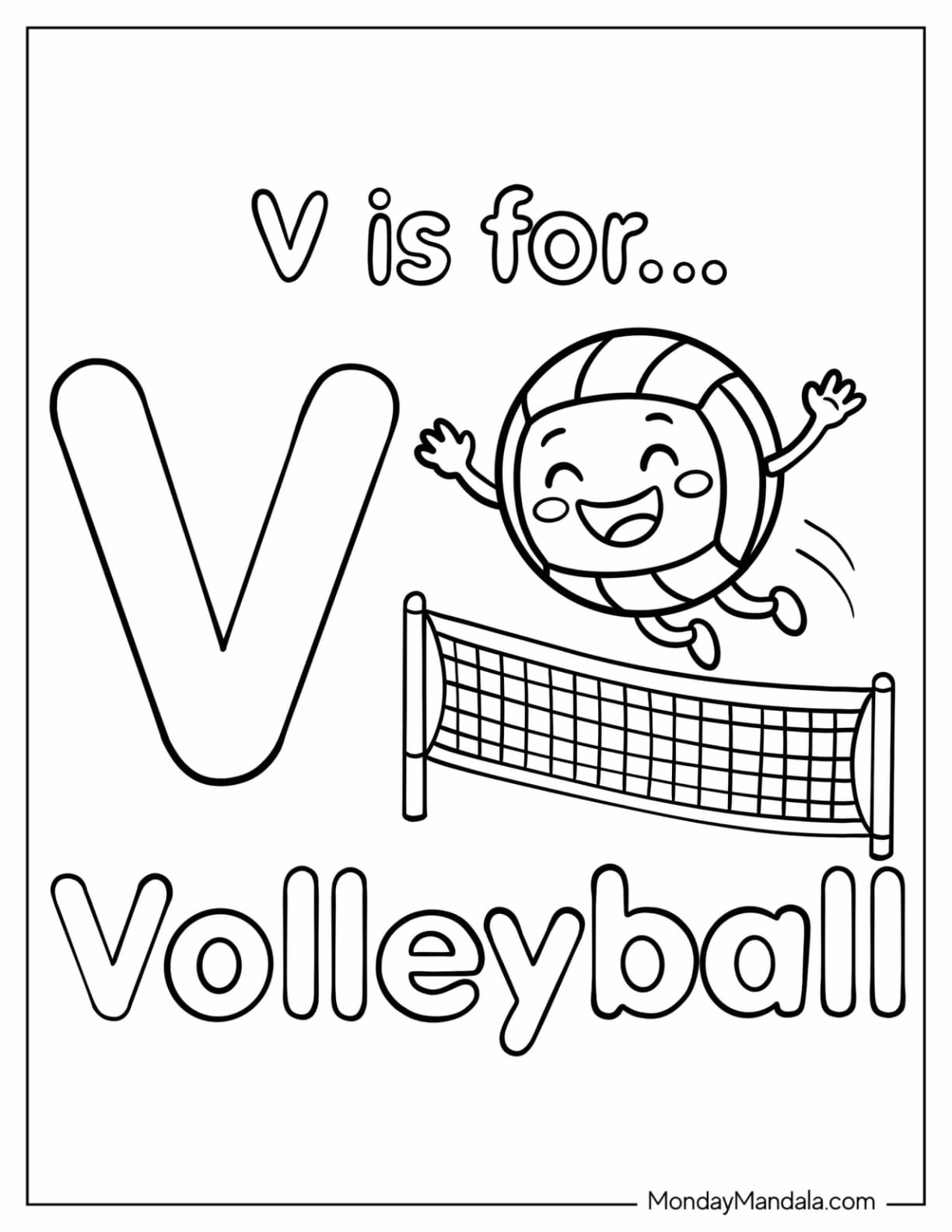 V Is for Volleyball with Ball Jumping Over the Net Coloring Page