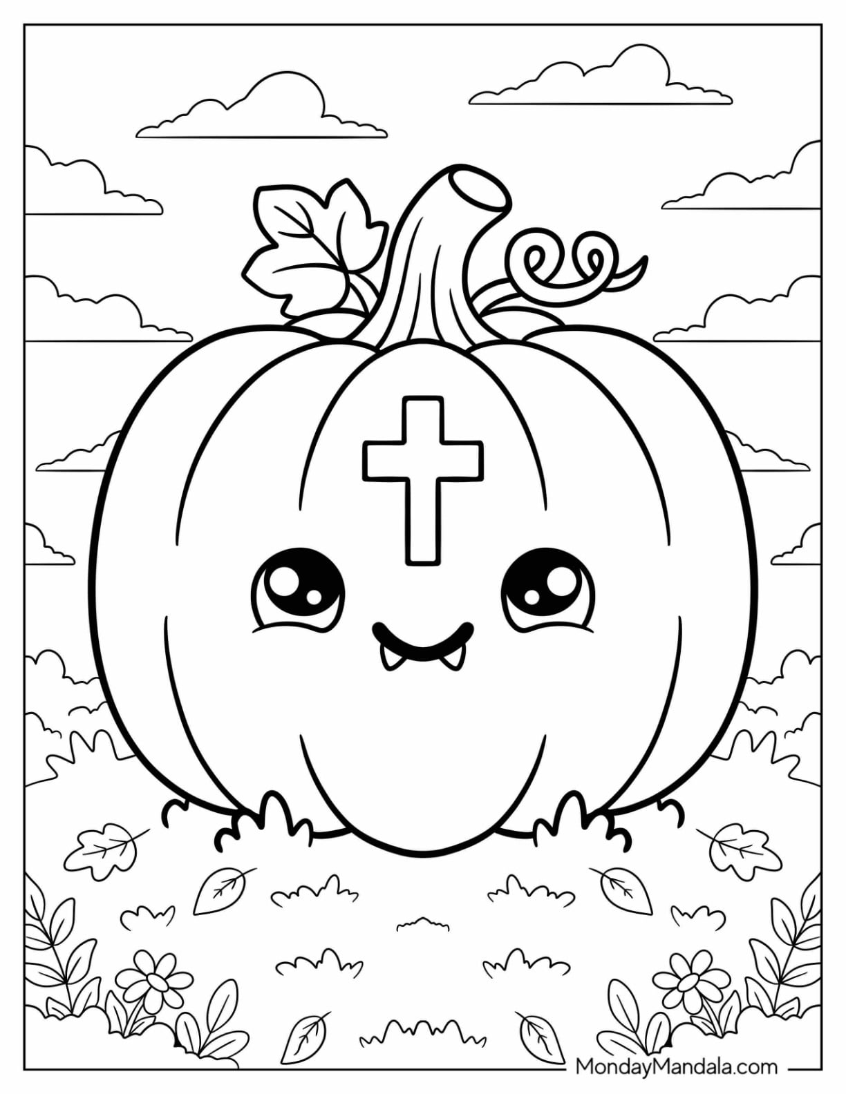 Vampire Pumpkin with a Cross for Christian Halloween Coloring Page for Kids
