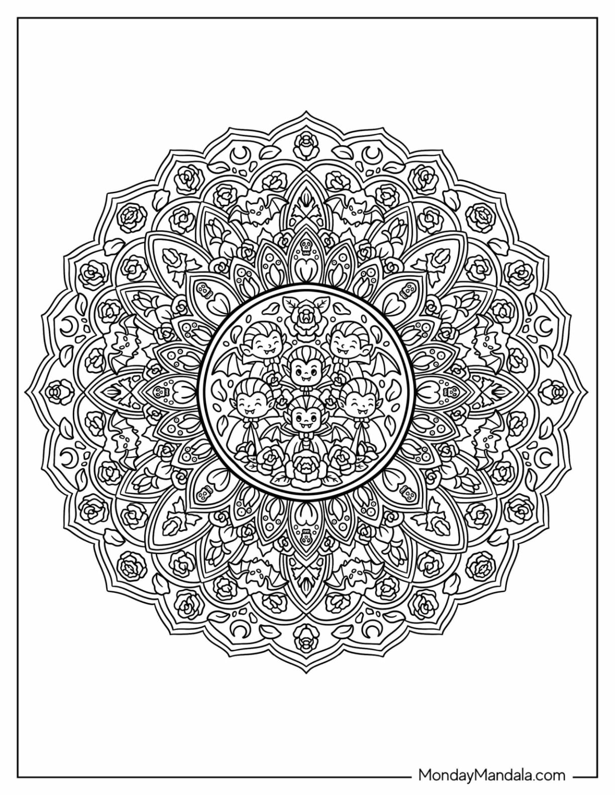 Vampires, Bats, and Roses Halloween Mandala