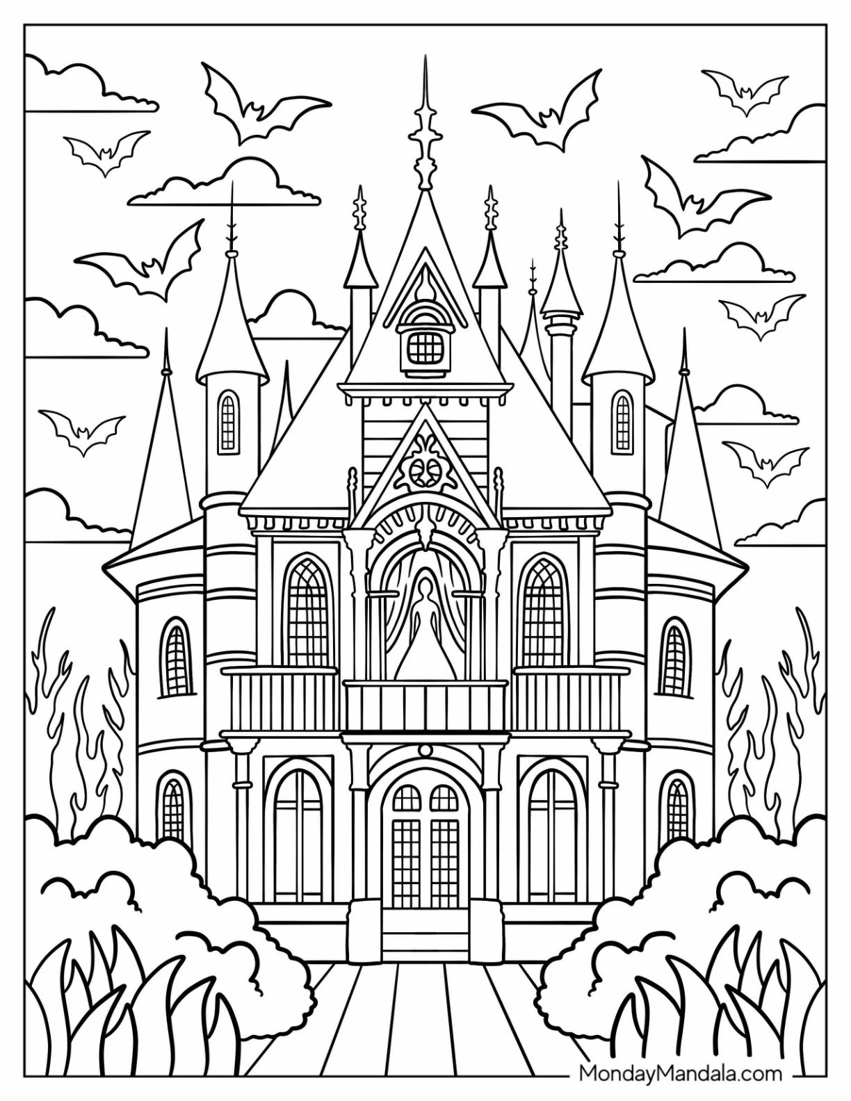Horror Coloring Page of Vampire’s Castle on a Stormy Night with Bride on the Terrace