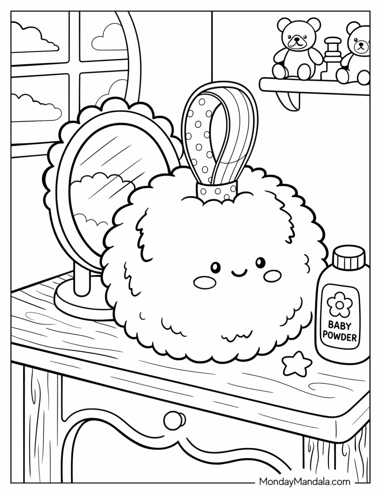 Vanity with Cute Powder Brush, Mirror, and Makeup Coloring Sheet for Kids