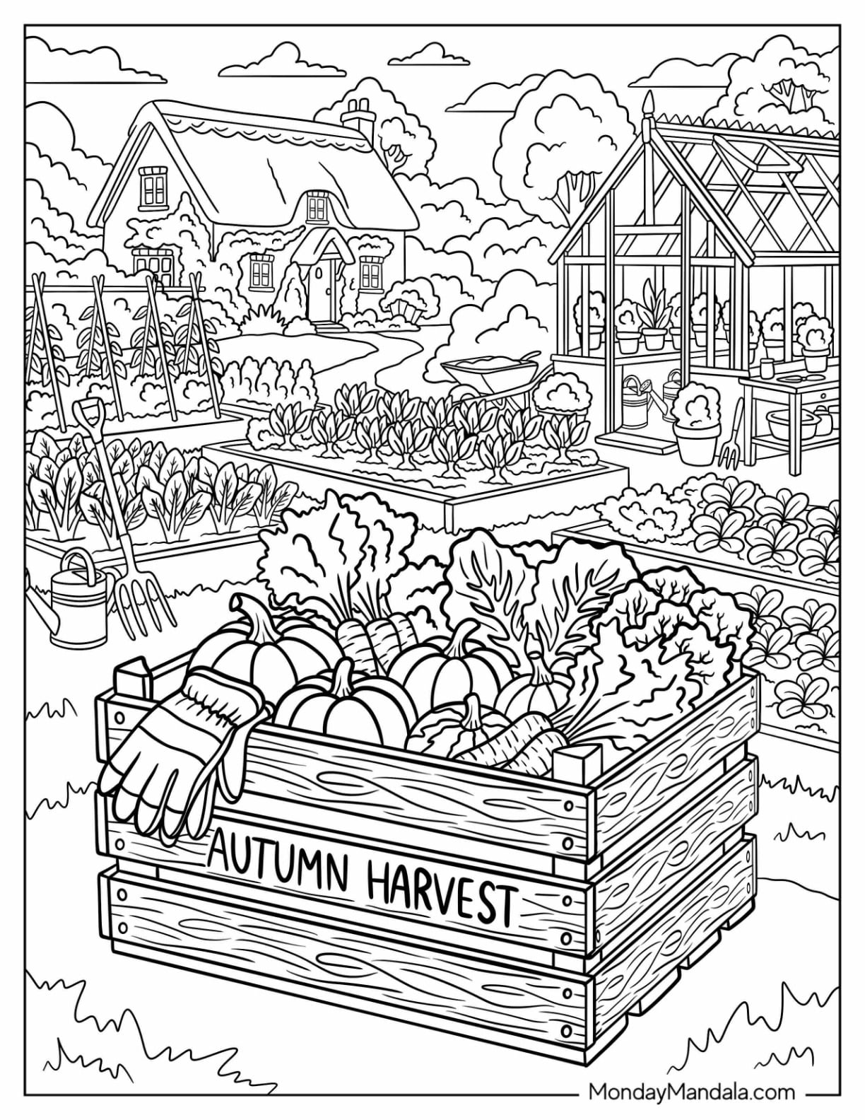 Vegetable Garden with Greenhouse, Raised Beds, and Farmhouse Coloring Page for Adults