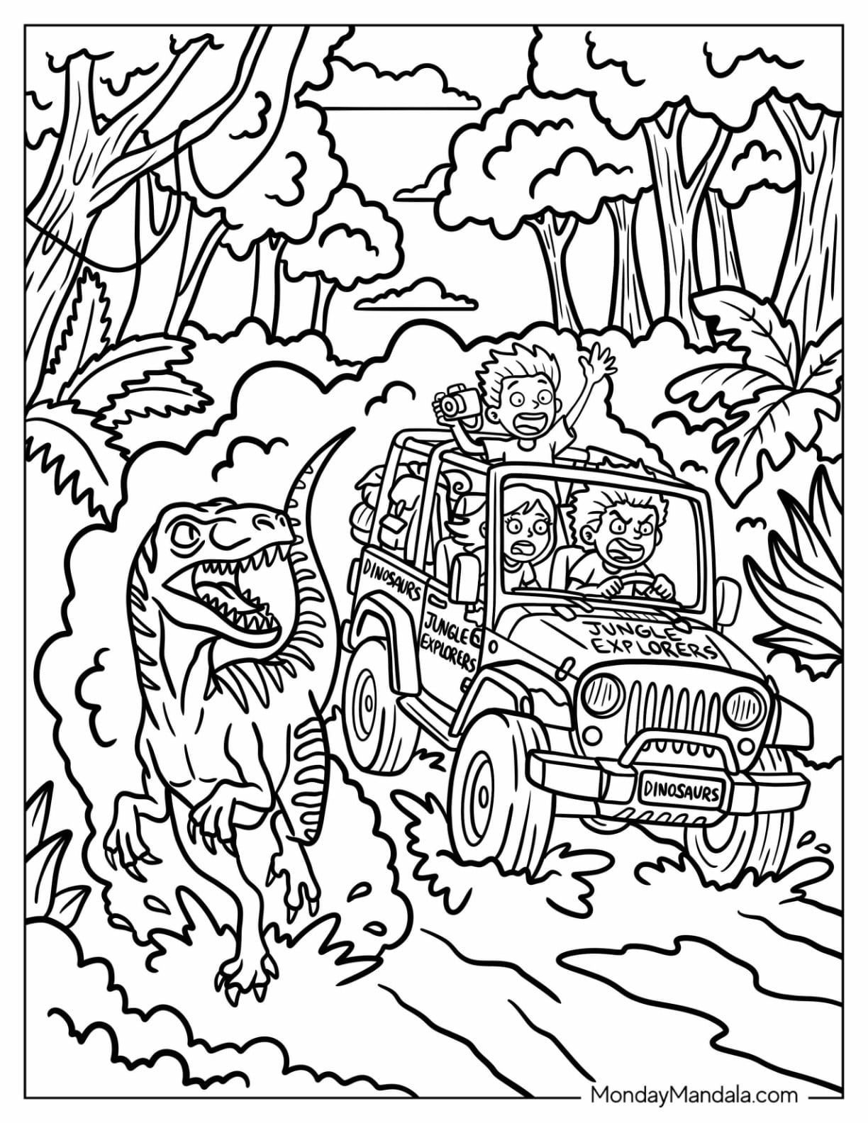 Velociraptor Chasing a Jungle Safari Jeep Coloring Page