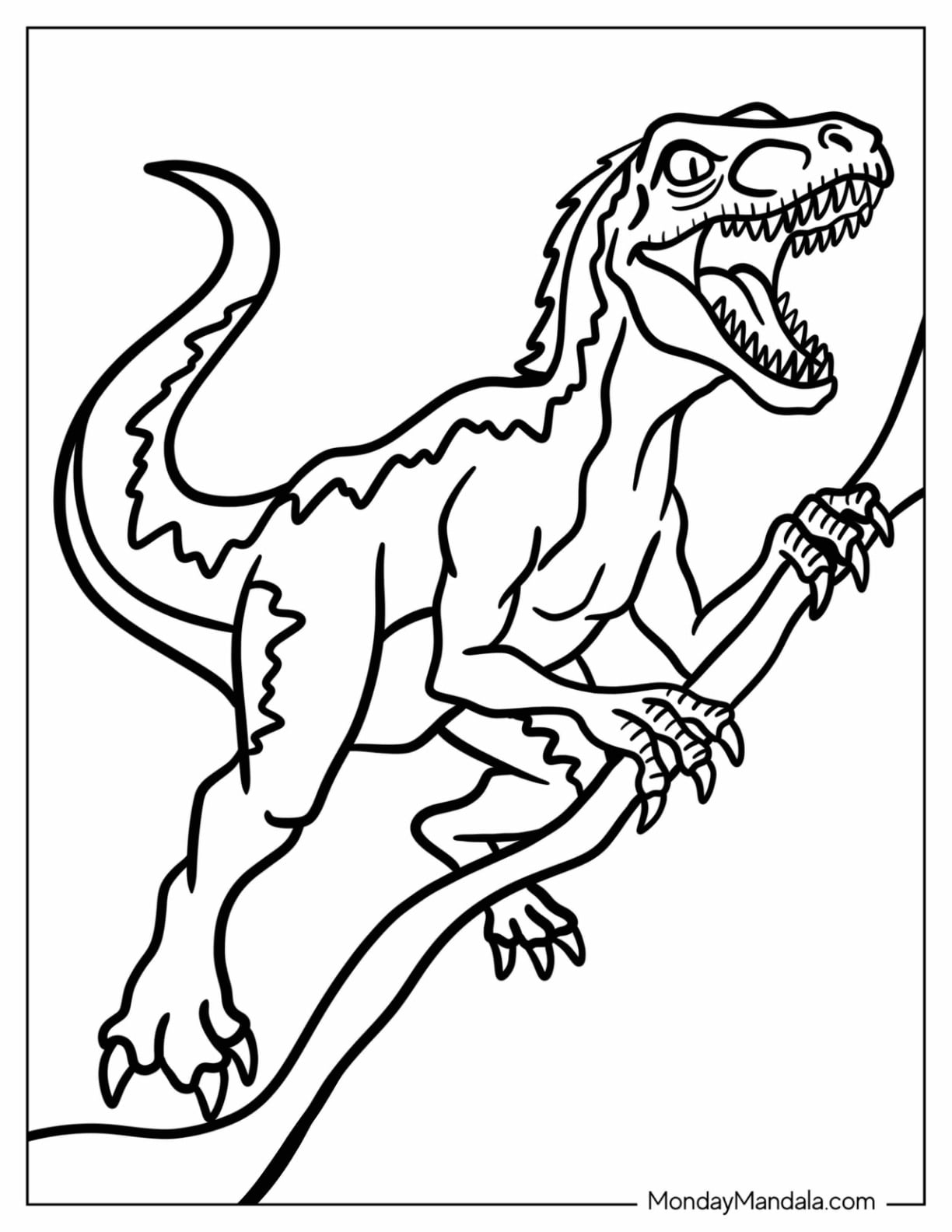Velociraptor Climbing a Tree Branch Coloring Sheet