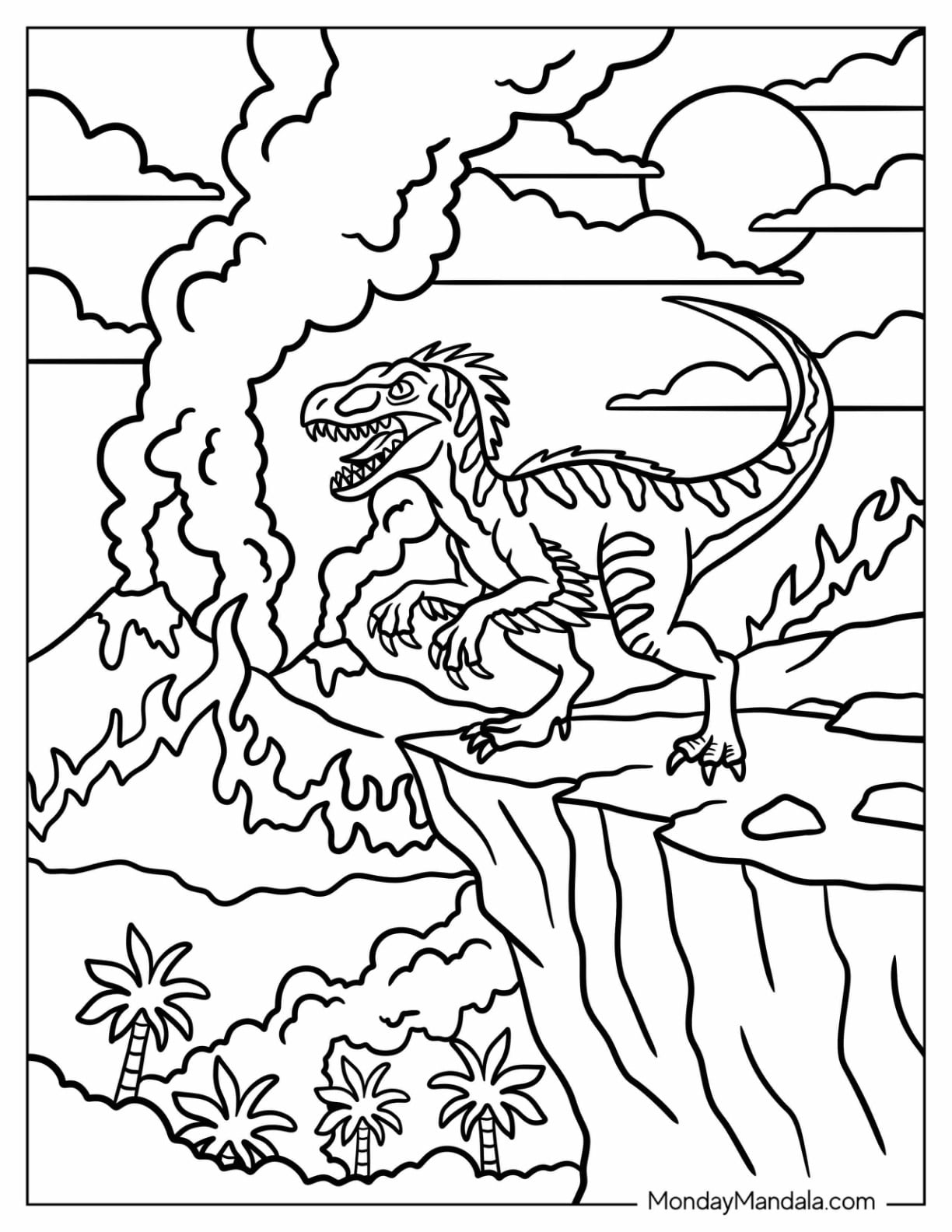 Velociraptor Guarding an Egg on a Volcano Cliff Coloring Sheet