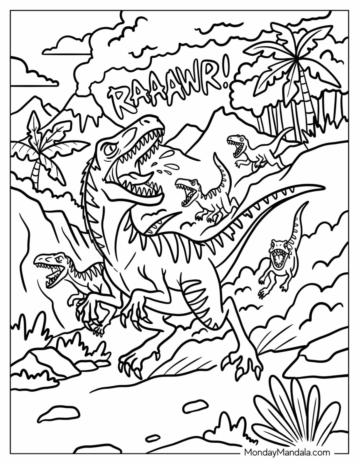Velociraptor Pack Roaring in the Jungle Coloring Sheet