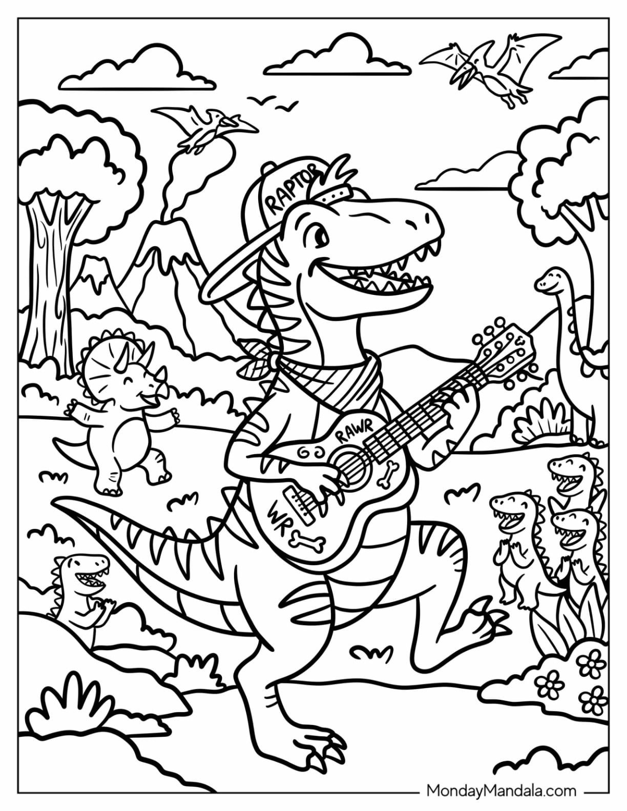 Velociraptor Playing Guitar for Dinosaurs Coloring Page