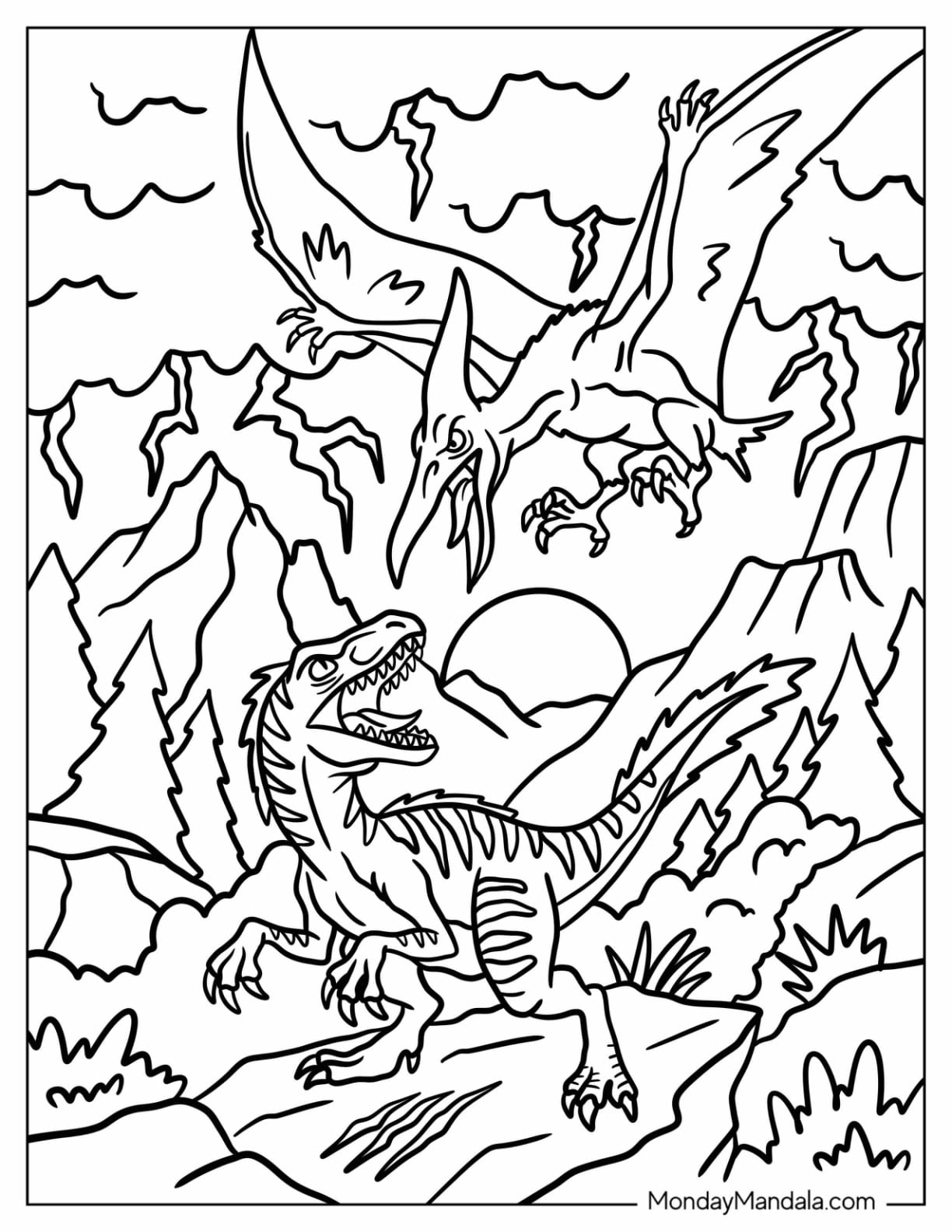 Velociraptor Roaring at a Pterodactyl in the Mountains