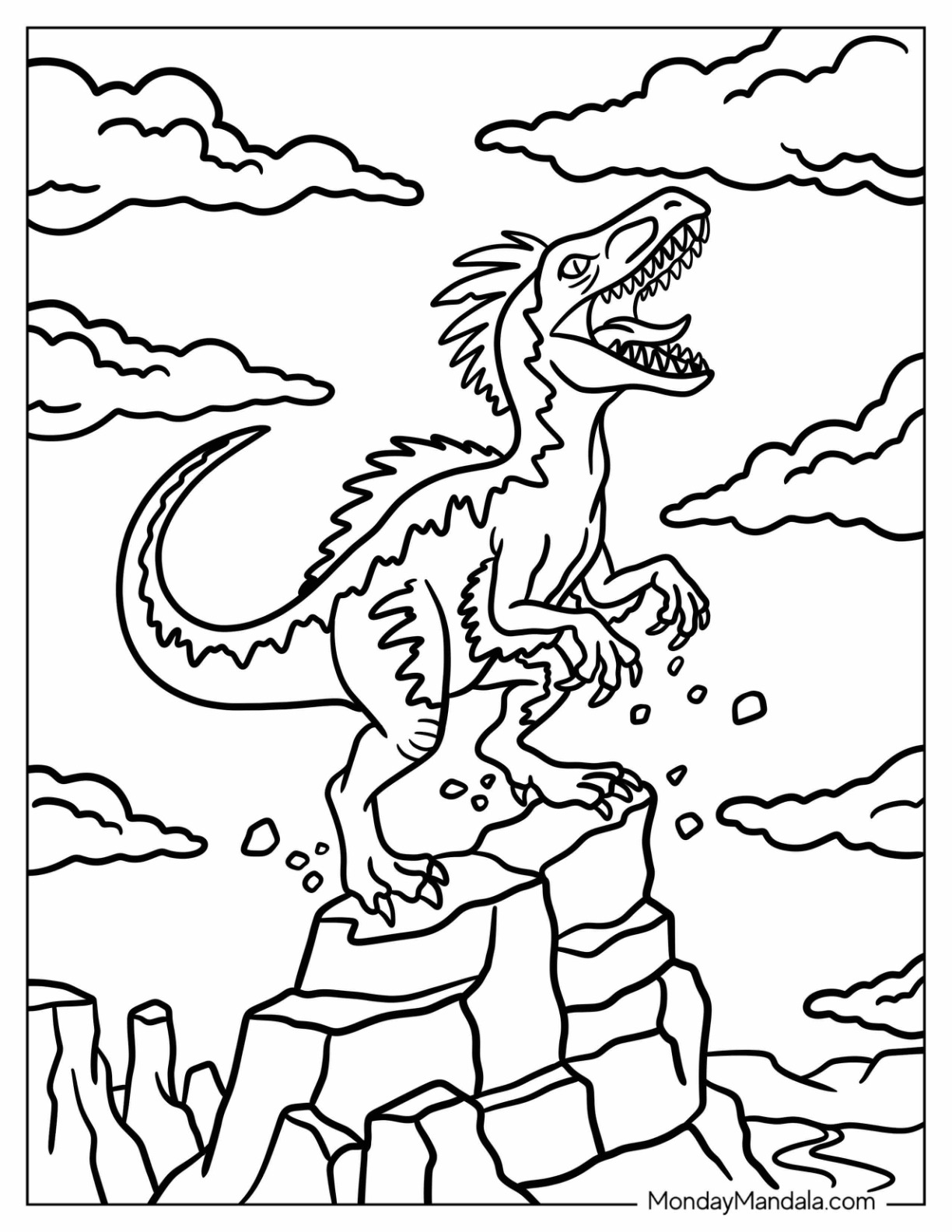 Velociraptor Roaring on a Rocky Cliff Coloring Sheet