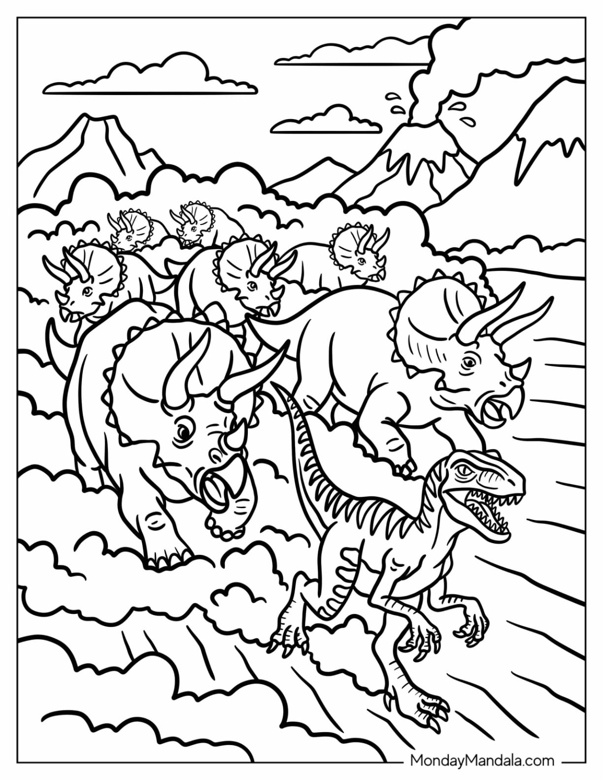 Velociraptor Running Ahead of a Triceratops Herd Coloring Sheet for Kids