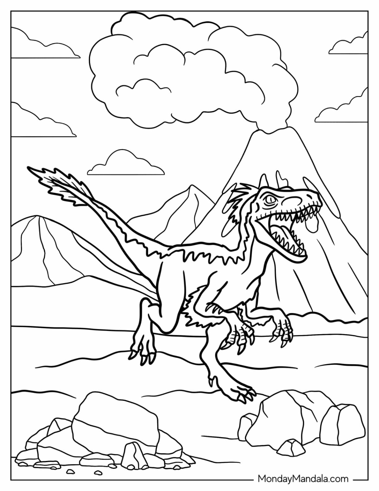 Velociraptor Running Near an Erupting Volcano Coloring Page
