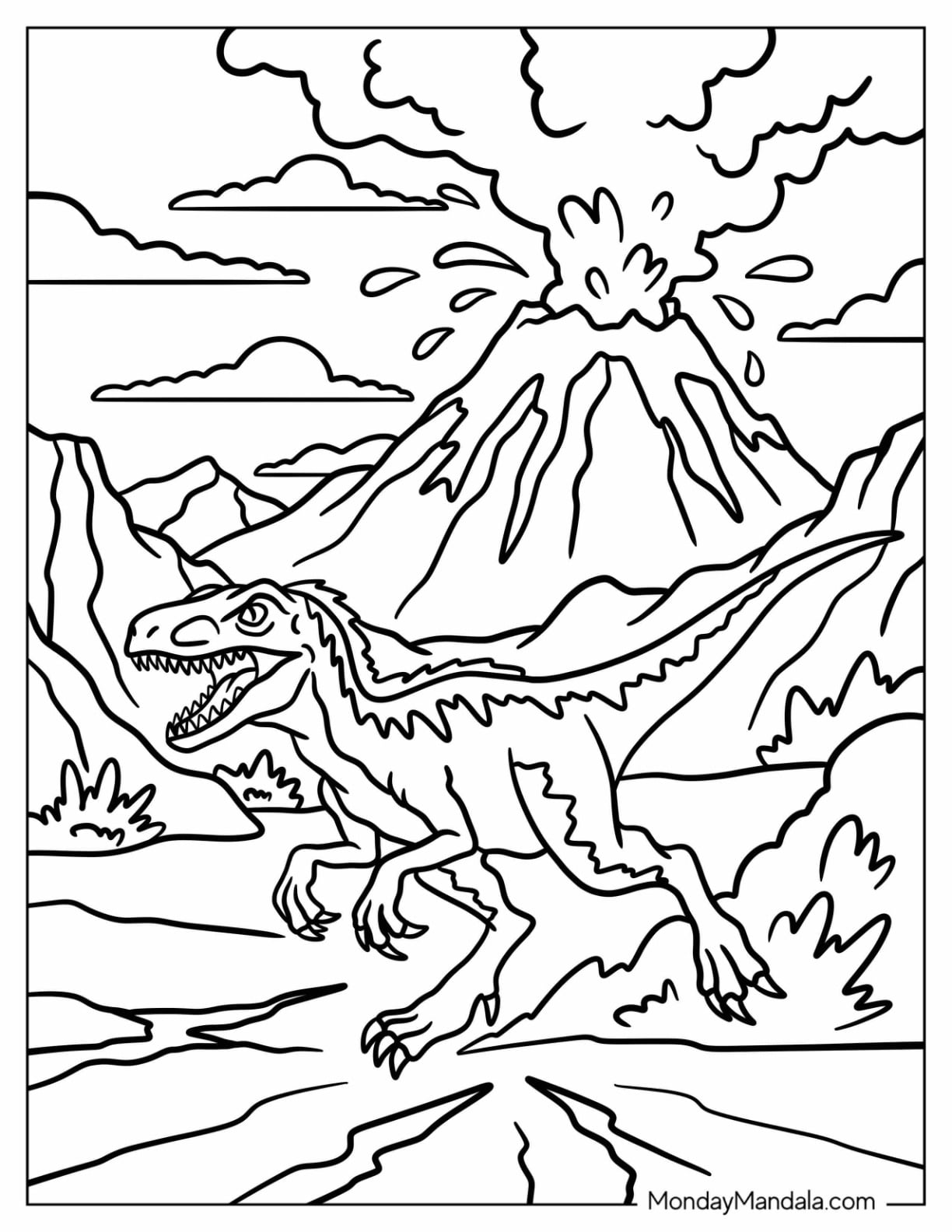Velociraptor Running Past an Erupting Volcano
