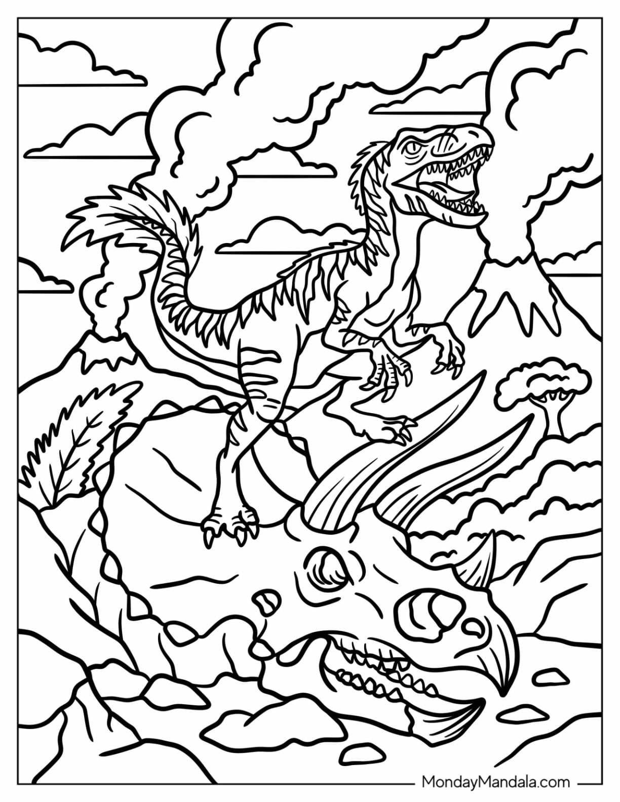 Velociraptor Standing on a Triceratops Skull Coloring Page