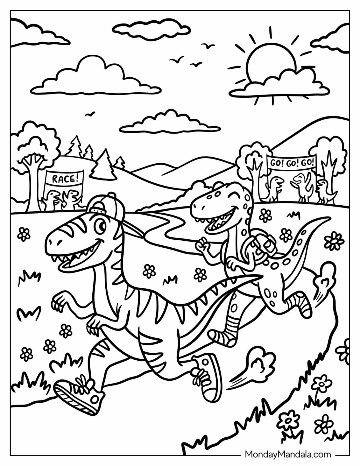 Velociraptors Racing Through a Flower Field Coloring Page for Kids