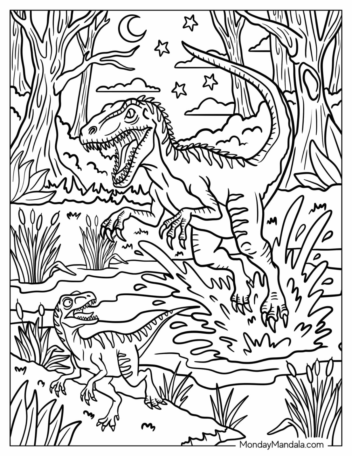 Velociraptors Running Through a Night Forest Coloring Sheet