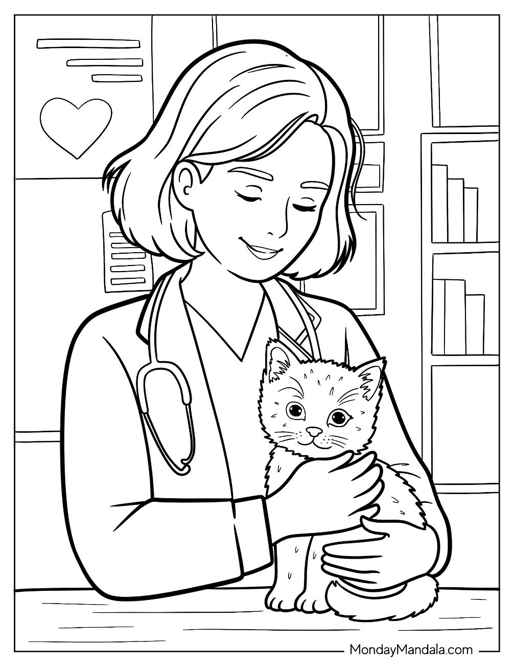 People Coloring Page of  Veterinarian Hugging A Fluffy Cat