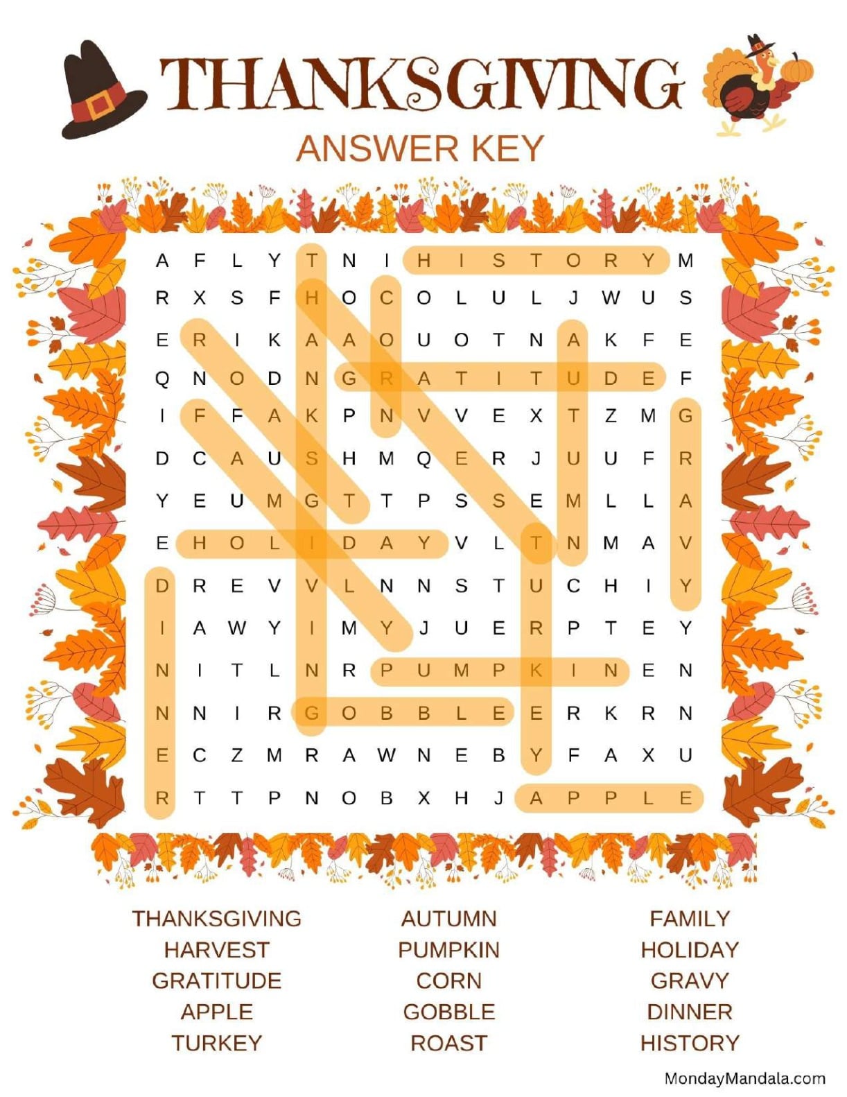Vibrant Fall Thanksgiving Word Search Answer Key