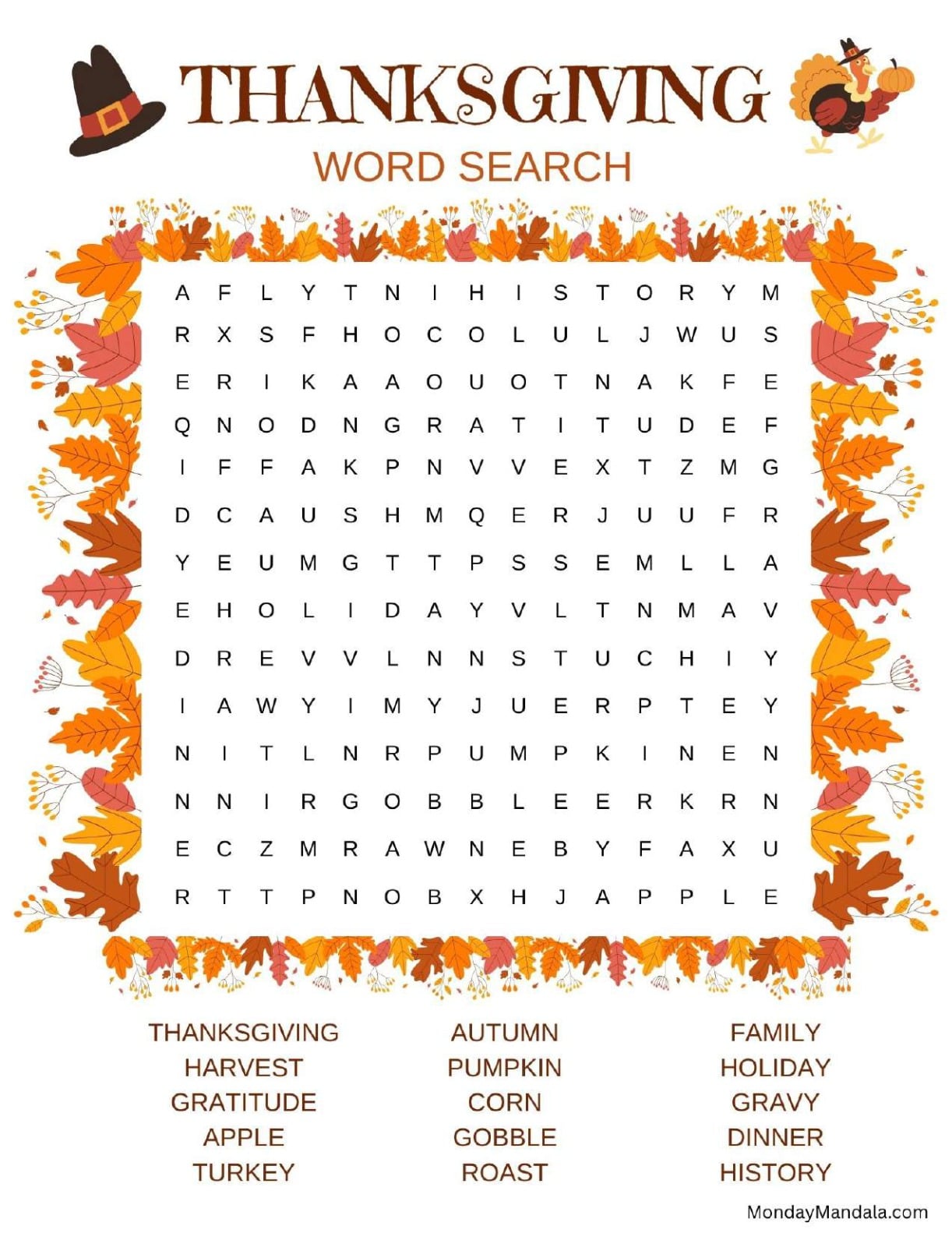 Vibrant Fall Thanksgiving Word Search