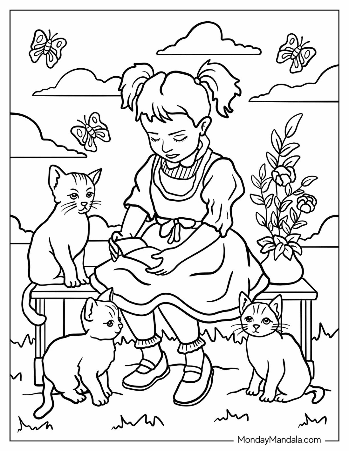 Vintage Coloring Page of Style Little Girl with Kittens and Blossoms