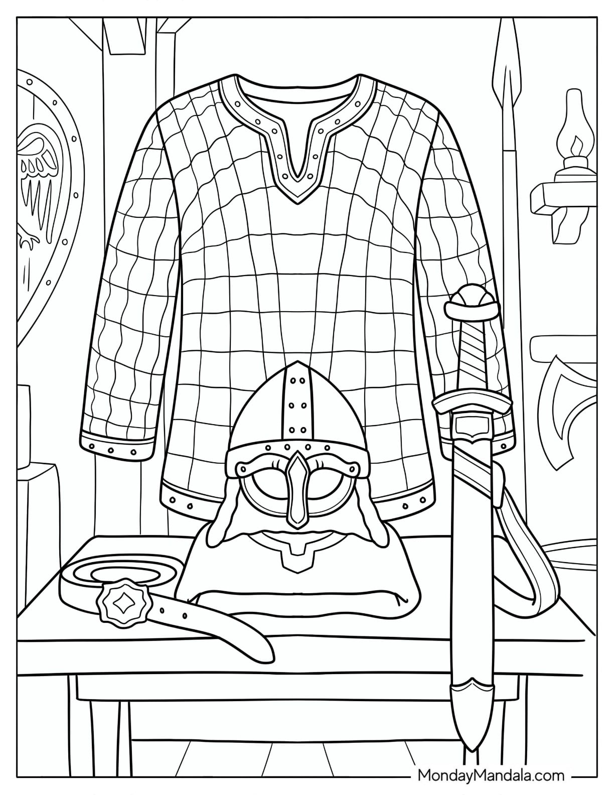 Viking Armor and Helmet Display with Sword and Shield Coloring Page