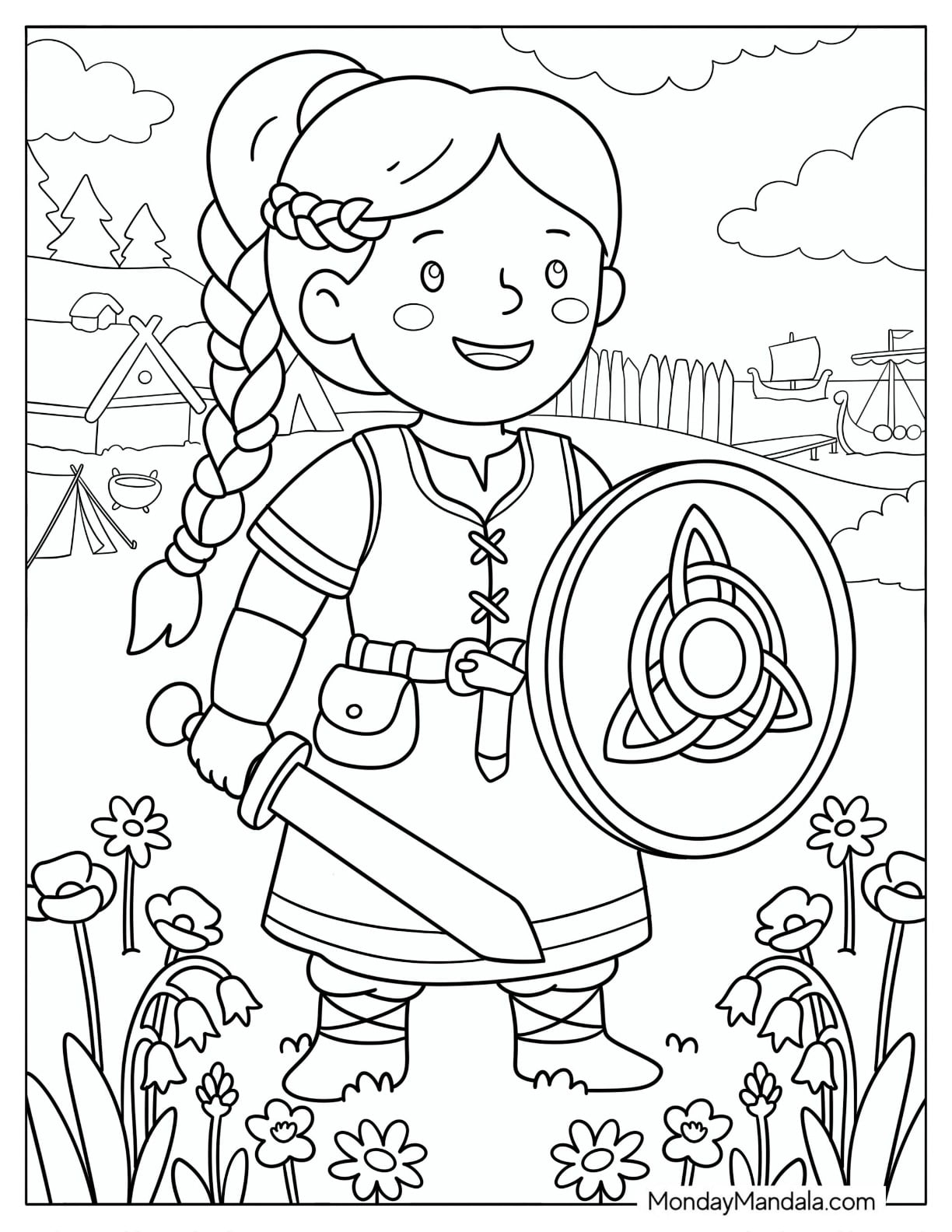Viking Girl Warrior with Shield and Sword Coloring Page for Kids