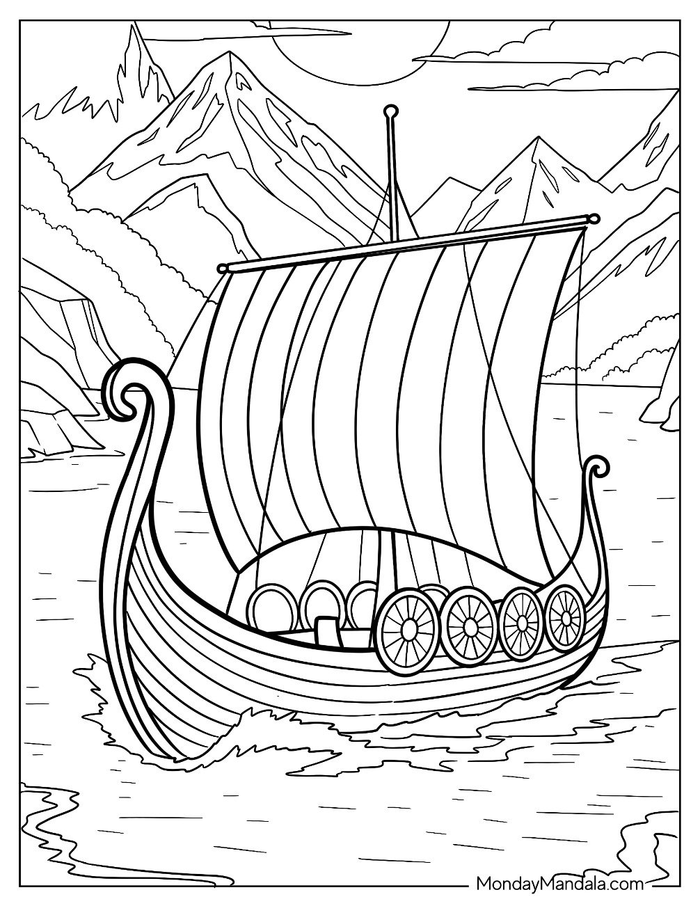 Boat & Ship Coloring Page of Viking Longship with Tall Sail Navigating a Mountain Fjord